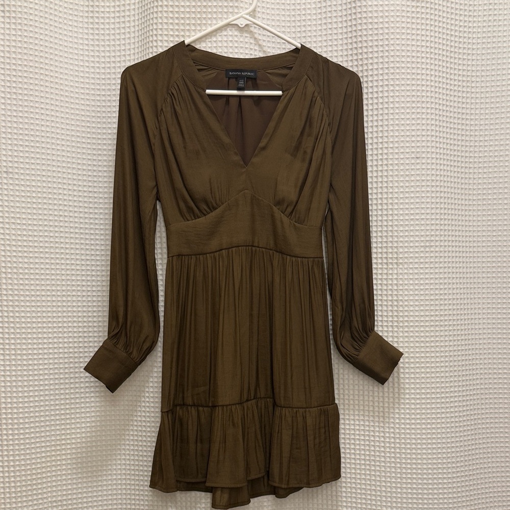 Banana Republic Olive Brown Long-Sleeve V-Neck Mini Dress - Size XXS